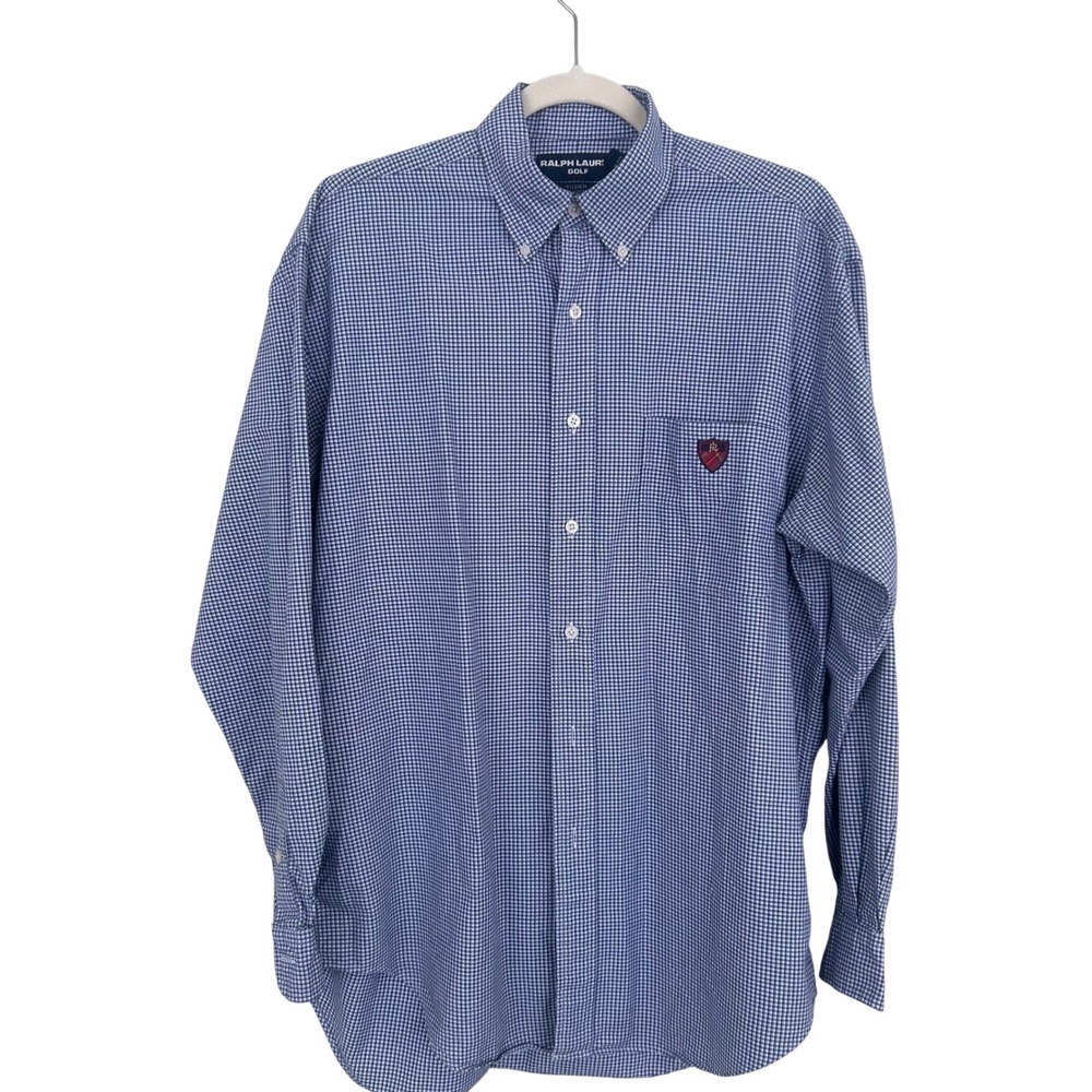Ralph Lauren Golf Mens Blue Gingham Button Down Embroidered Crest  Old Money M
